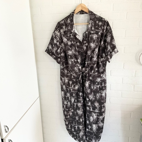 Old Navy Midi Shirt Dress Collared Southwestern print Black White Gray Bow 2X - Picture 5 of 12